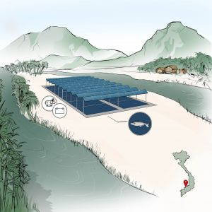 Eine überdachte Pangasiusfarm mit integrierten Solarmodulen ermöglicht eine nachhaltige Stromerzeugung ohne zusätzlichen Flächenverbrauch.